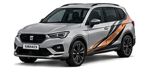 SEAT Tarraco in Urban Silver with angular copper, white and black vinyl side graphics, front three-quarter view on a white background.