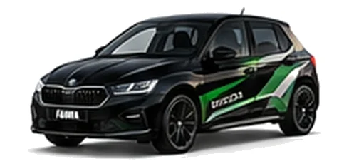 Škoda Fabia in Black Magic with green, white and black geometric vinyl side graphics, front three-quarter view on a white background.