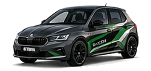 Škoda Fabia in Graphite Grey with green, white and black geometric vinyl side graphics, front three-quarter view on a white background.