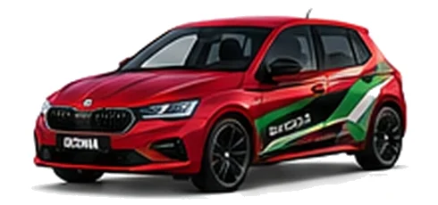 Škoda Fabia in Velvet Red with green, white and black geometric vinyl side graphics, front three-quarter view on a white background.