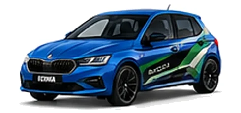 Škoda Fabia in Race Blue with green, white and black geometric vinyl side graphics, front three-quarter view on a white background.
