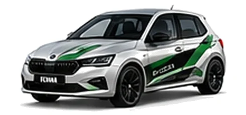 Škoda Fabia in Brilliant Silver with green, white and black geometric vinyl side graphics, front three-quarter view on a white background.