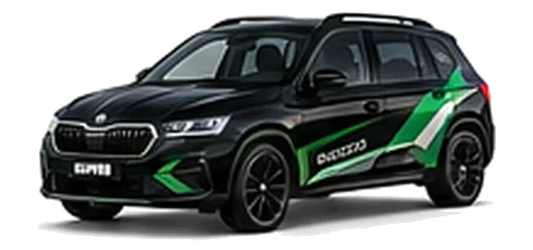 Škoda Kamiq in Black Magic with green, white and black geometric vinyl side graphics, front three-quarter view on a white background.