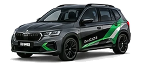 Škoda Kamiq in Graphite Grey with green, white and black geometric vinyl side graphics, front three-quarter view on a white background.