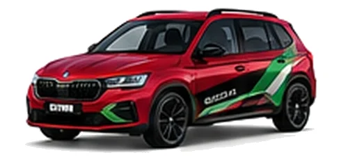 Škoda Kamiq in Velvet Red with green, white and black geometric vinyl side graphics, front three-quarter view on a white background.