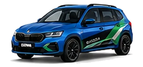 Škoda Kamiq in Race Blue with green, white and black geometric vinyl side graphics, front three-quarter view on a white background.