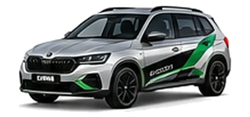 Škoda Kamiq in Brilliant Silver with green, white and black geometric vinyl side graphics, front three-quarter view on a white background.