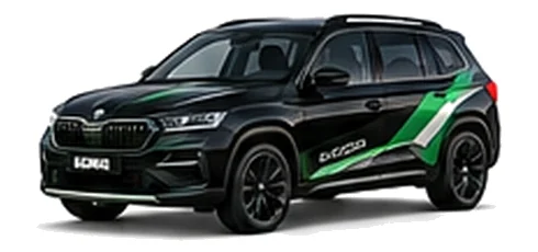 Škoda Kodiaq in Black Magic with green, white and black geometric vinyl side graphics, front three-quarter view on a white background.