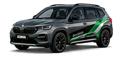 Škoda Kodiaq in Graphite Grey with green, white and black geometric vinyl side graphics, front three-quarter view on a white background.