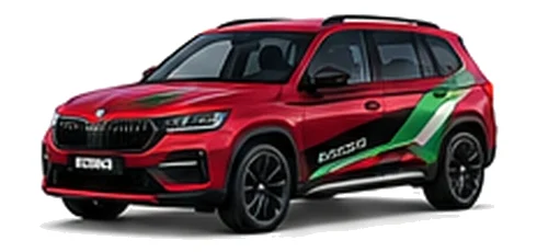Škoda Kodiaq in Velvet Red with green, white and black geometric vinyl side graphics, front three-quarter view on a white background.