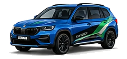 Škoda Kodiaq in Race Blue with green, white and black geometric vinyl side graphics, front three-quarter view on a white background.