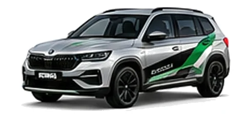 Škoda Kodiaq in Brilliant Silver with green, white and black geometric vinyl side graphics, front three-quarter view on a white background.