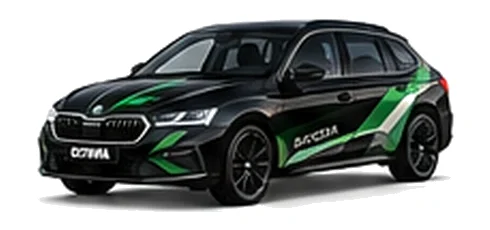 Škoda Octavia in Black Magic with green, white and black geometric vinyl side graphics, front three-quarter view on a white background.