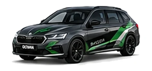 Škoda Octavia in Graphite Grey with green, white and black geometric vinyl side graphics, front three-quarter view on a white background.