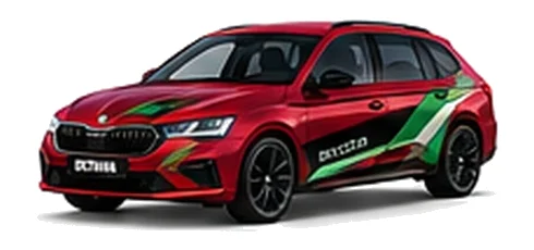 Škoda Octavia in Velvet Red with green, white and black geometric vinyl side graphics, front three-quarter view on a white background.