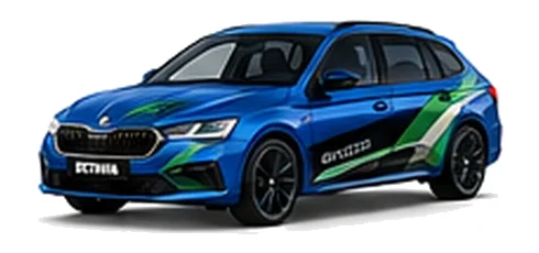 Škoda Octavia in Race Blue with green, white and black geometric vinyl side graphics, front three-quarter view on a white background.