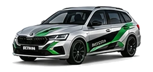 Škoda Octavia in Brilliant Silver with green, white and black geometric vinyl side graphics, front three-quarter view on a white background.