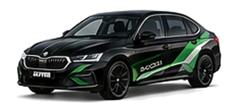 Škoda Superb in Black Magic with green, white and black geometric vinyl side graphics, front three-quarter view on a white background.