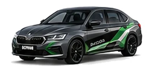 Škoda Superb in Graphite Grey with green, white and black geometric vinyl side graphics, front three-quarter view on a white background.