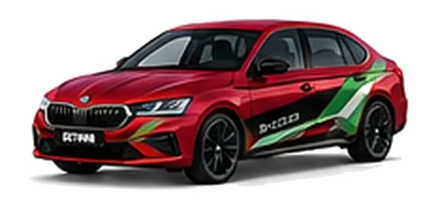 Škoda Superb in Velvet Red with green, white and black geometric vinyl side graphics, front three-quarter view on a white background.
