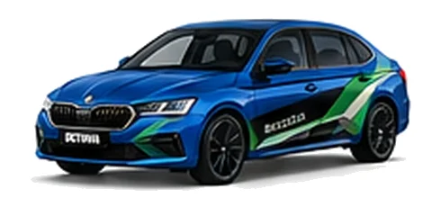 Škoda Superb in Race Blue with green, white and black geometric vinyl side graphics, front three-quarter view on a white background.