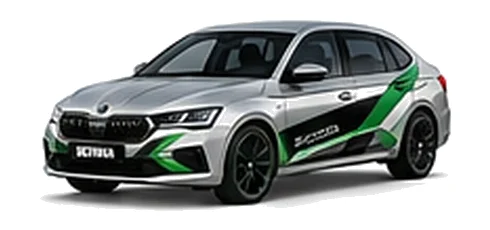 Škoda Superb in Brilliant Silver with green, white and black geometric vinyl side graphics, front three-quarter view on a white background.