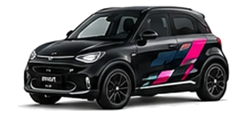 Smart #1 in Deep Black with pink, white and black pixel-style vinyl side graphics, front three-quarter view on a white background.