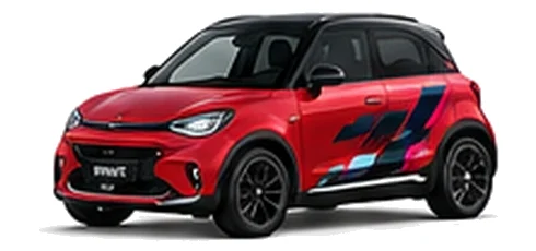 Smart #1 in Laser Red with pink, white and black pixel-style vinyl side graphics, front three-quarter view on a white background.