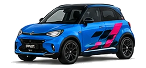 Smart #1 in Electric Blue with pink, white and black pixel-style vinyl side graphics, front three-quarter view on a white background.