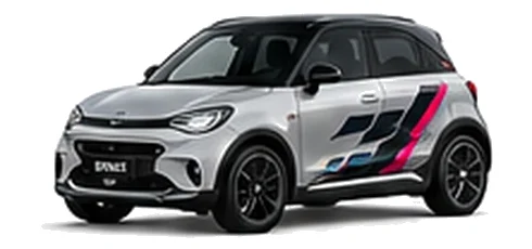 Smart #1 in Silver Metallic with pink, white and black pixel-style vinyl side graphics, front three-quarter view on a white background.