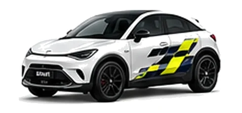 Smart #3 in Digital White with yellow, white and black pixel-style vinyl side graphics, front three-quarter view on a white background.