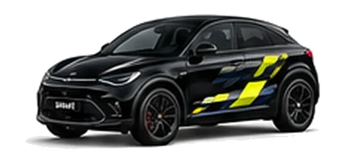 Smart #3 in Deep Black with yellow, white and black pixel-style vinyl side graphics, front three-quarter view on a white background.