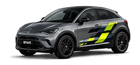 Smart #3 in Graphite Grey with yellow, white and black pixel-style vinyl side graphics, front three-quarter view on a white background.