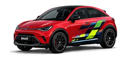 Smart #3 in Laser Red with yellow, white and black pixel-style vinyl side graphics, front three-quarter view on a white background.