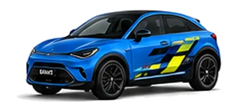 Smart #3 in Electric Blue with yellow, white and black pixel-style vinyl side graphics, front three-quarter view on a white background.