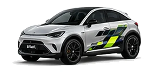 Smart #3 in Silver Metallic with yellow, white and black pixel-style vinyl side graphics, front three-quarter view on a white background.