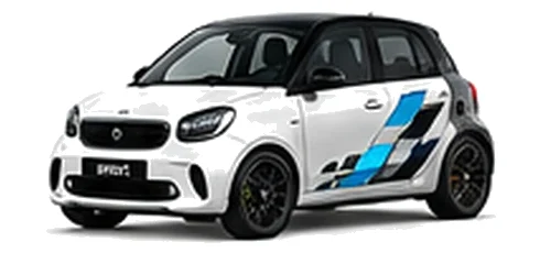 Smart forfour in Digital White with blue, white and black pixel-style vinyl side graphics, front three-quarter view on a white background.