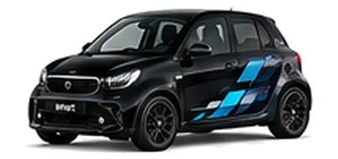 Smart forfour in Deep Black with blue, white and black pixel-style vinyl side graphics, front three-quarter view on a white background.