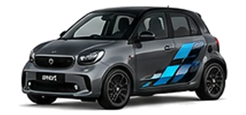 Smart forfour in Graphite Grey with blue, white and black pixel-style vinyl side graphics, front three-quarter view on a white background.