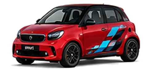 Smart forfour in Laser Red with blue, white and black pixel-style vinyl side graphics, front three-quarter view on a white background.