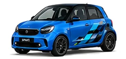 Smart forfour in Electric Blue with blue, white and black pixel-style vinyl side graphics, front three-quarter view on a white background.