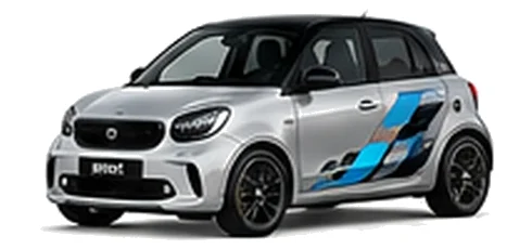 Smart forfour in Silver Metallic with blue, white and black pixel-style vinyl side graphics, front three-quarter view on a white background.