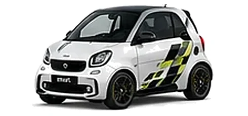 Smart fortwo in Digital White with yellow and black pixel-style vinyl side graphics, front three-quarter view on a white background.