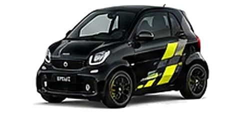 Smart fortwo in Deep Black with yellow and black pixel-style vinyl side graphics, front three-quarter view on a white background.