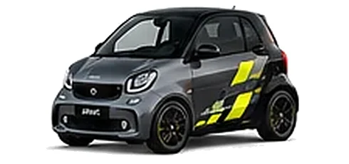 Smart fortwo in Graphite Grey with yellow and black pixel-style vinyl side graphics, front three-quarter view on a white background.