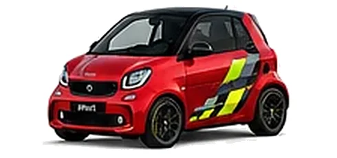 Smart fortwo in Laser Red with yellow and black pixel-style vinyl side graphics, front three-quarter view on a white background.