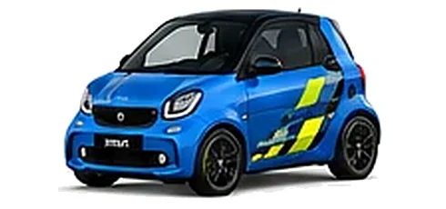 Smart fortwo in Electric Blue with yellow and black pixel-style vinyl side graphics, front three-quarter view on a white background.