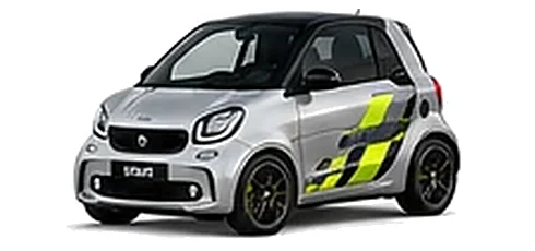 Smart fortwo in Silver Metallic with yellow and black pixel-style vinyl side graphics, front three-quarter view on a white background.