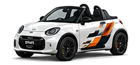 Smart Roadster in Digital White with orange, white and black pixel-style vinyl side graphics, front three-quarter view on a white background.