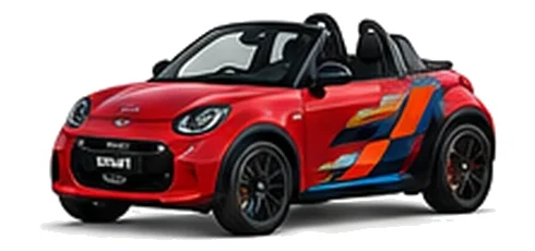 Smart Roadster in Laser Red with orange, white and black pixel-style vinyl side graphics, front three-quarter view on a white background.